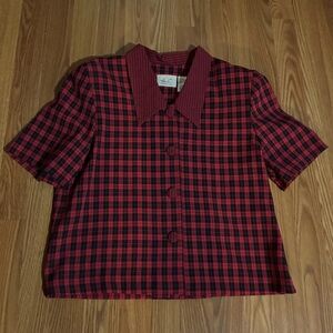 Kithie‎ Lee Red Black Plaid Button-Up Peter Pan Point Collar Vintage Top Retro